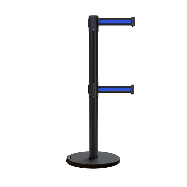 Montour Line Retractable Double Belt Rolling Stanchion, Black/Blue, 7.5 ft Length, 2.5 ft Post Height P400DRL-BK-BBH-75 - main